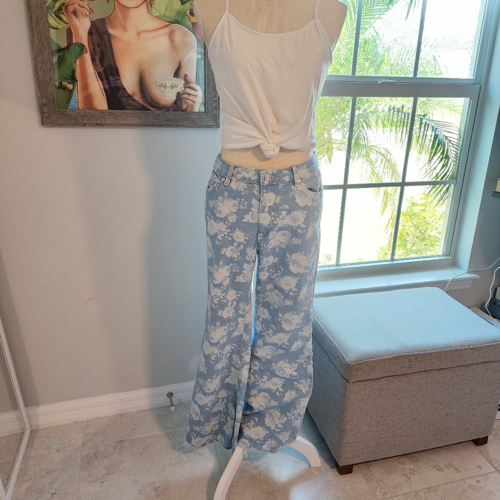 Madden NYC Floral Denim Flare Hem Jeans